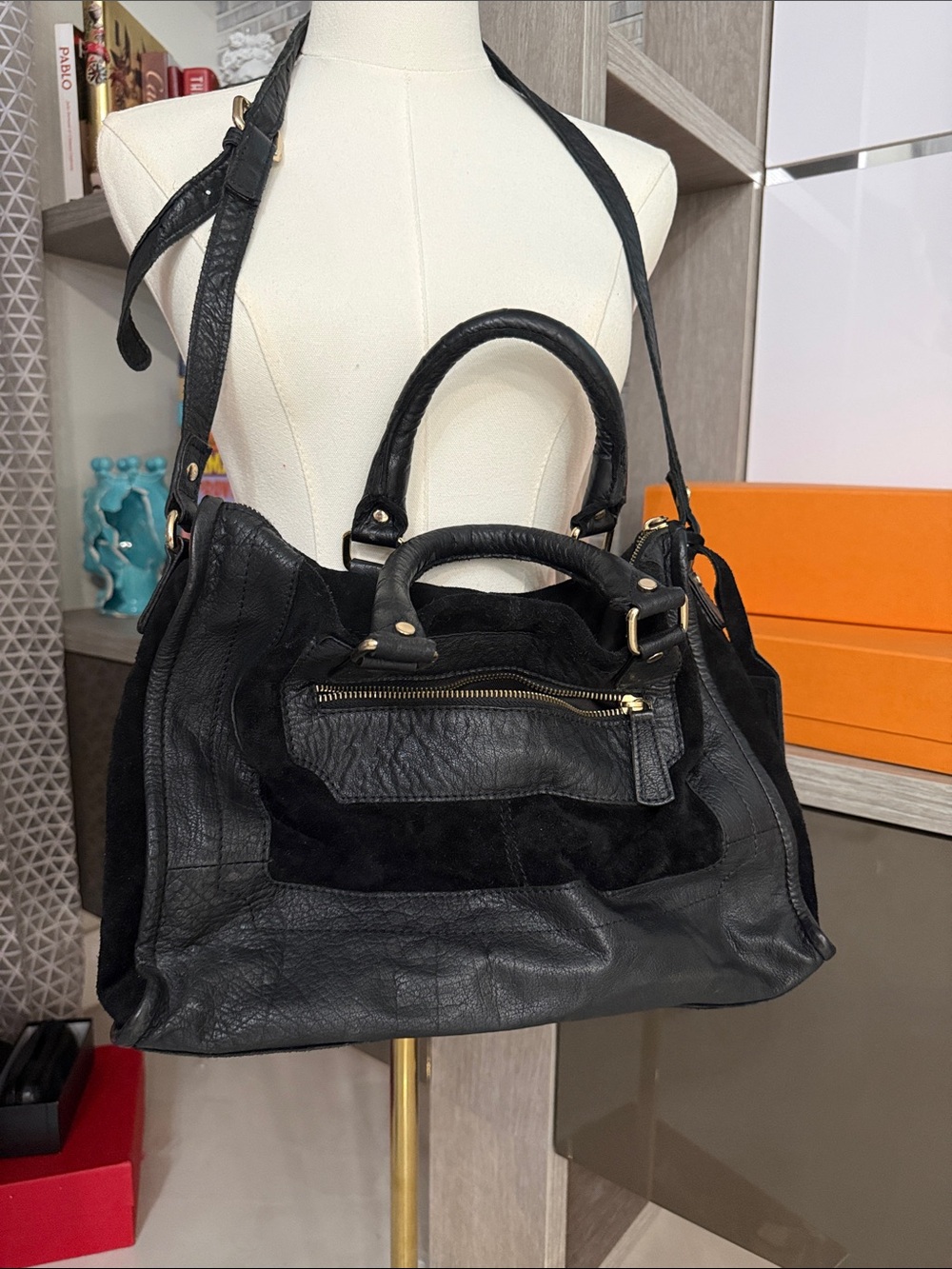 Topshop Black Leather & Suede Shoulder Bag